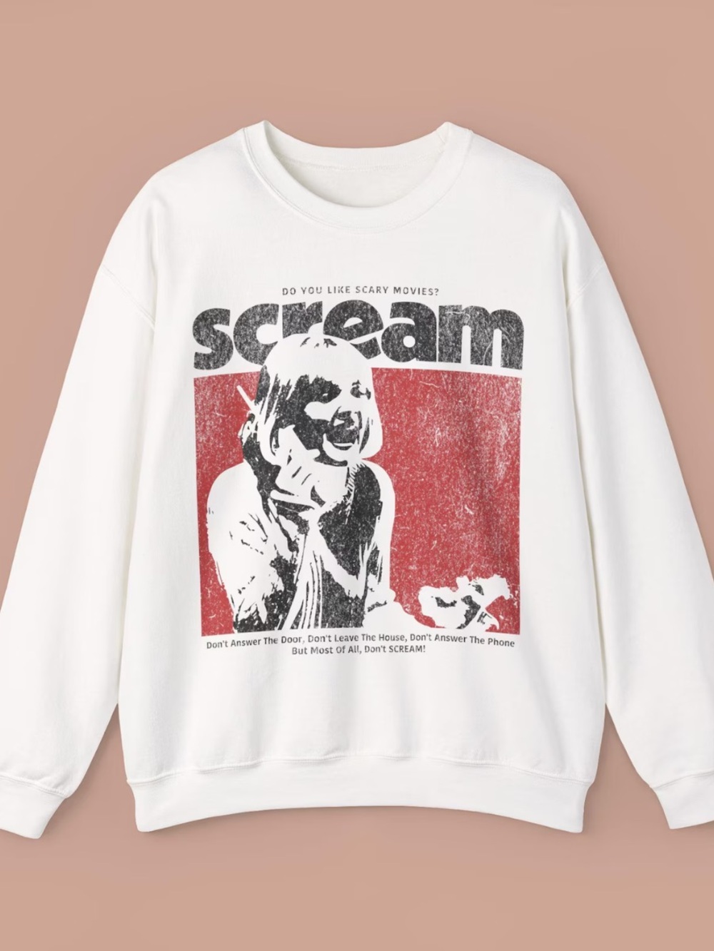 White Pullover Sweatshirt with Distressed Red & Black 'Scream' Graphic